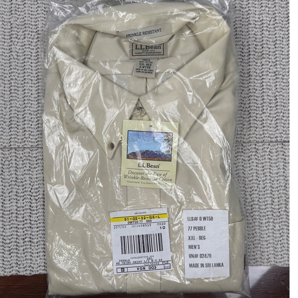 New LL Bean Wrinkle Resistant Chino Shirt Mens XXL Beige Button Front